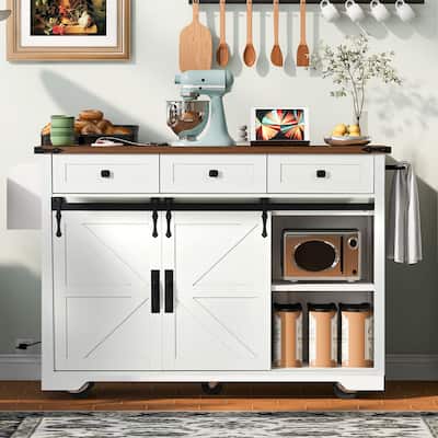 Sliding Barn Door Kitchen Island on Wheels w/ Drop Leaf & Power Outlet