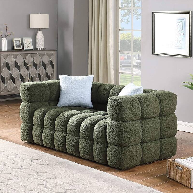 Modern Marshmallow Boucle Sofa with Solid Wood Frame and 2 Pillows