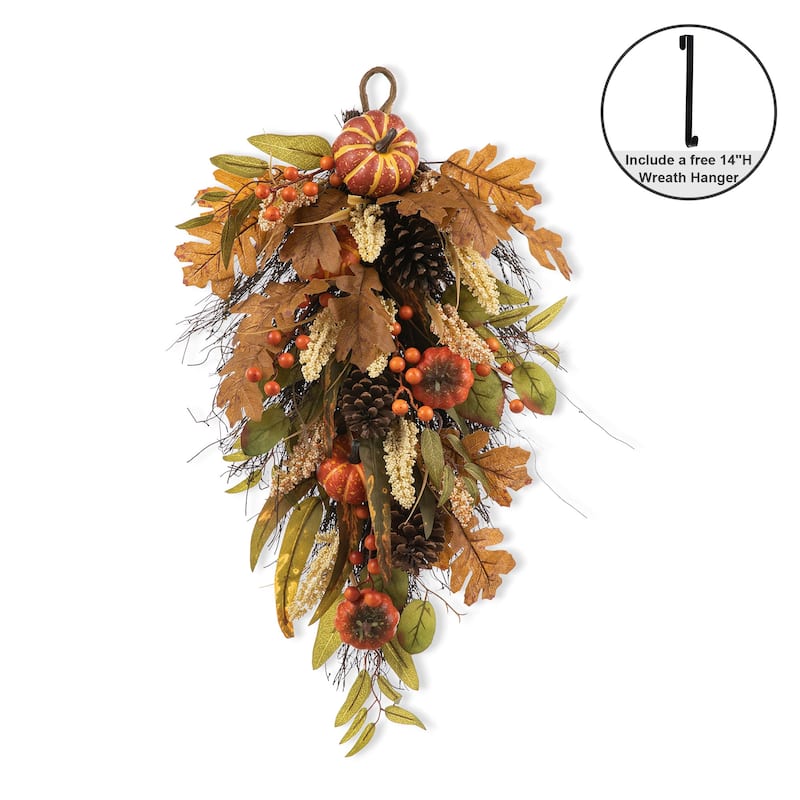 Glitzhome 26"H Fall Sunflower Pumpkin Lotus Leaf Teardrop Swag for Thanksgiving - Pumpkins(with a Black Wreath Hanger)