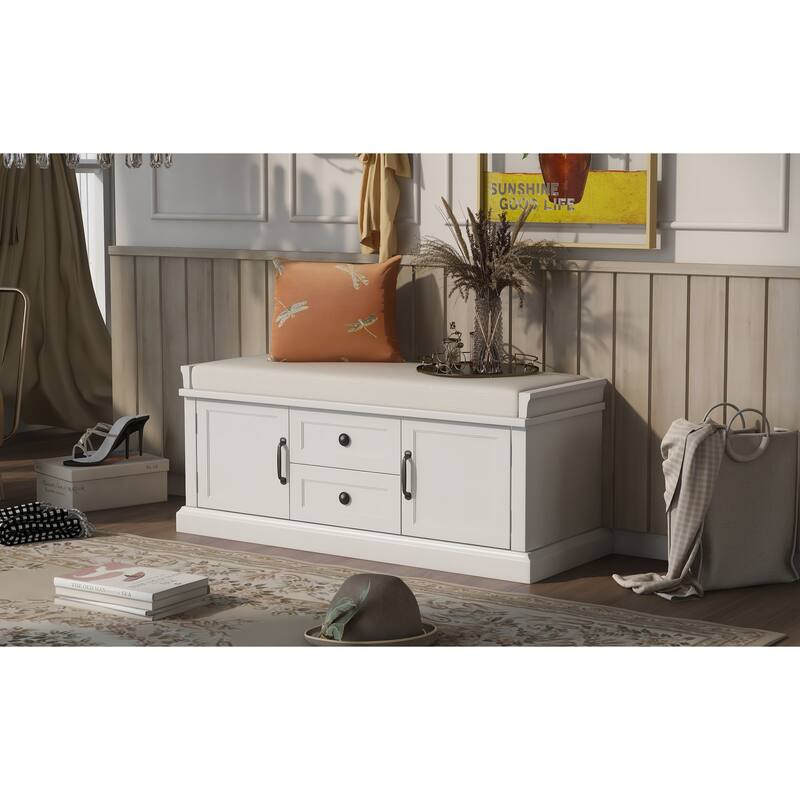 Storage Bench with 2 Drawers and 2 Cabinets, Shoe Bench with Removable Cushion for Living Room - White