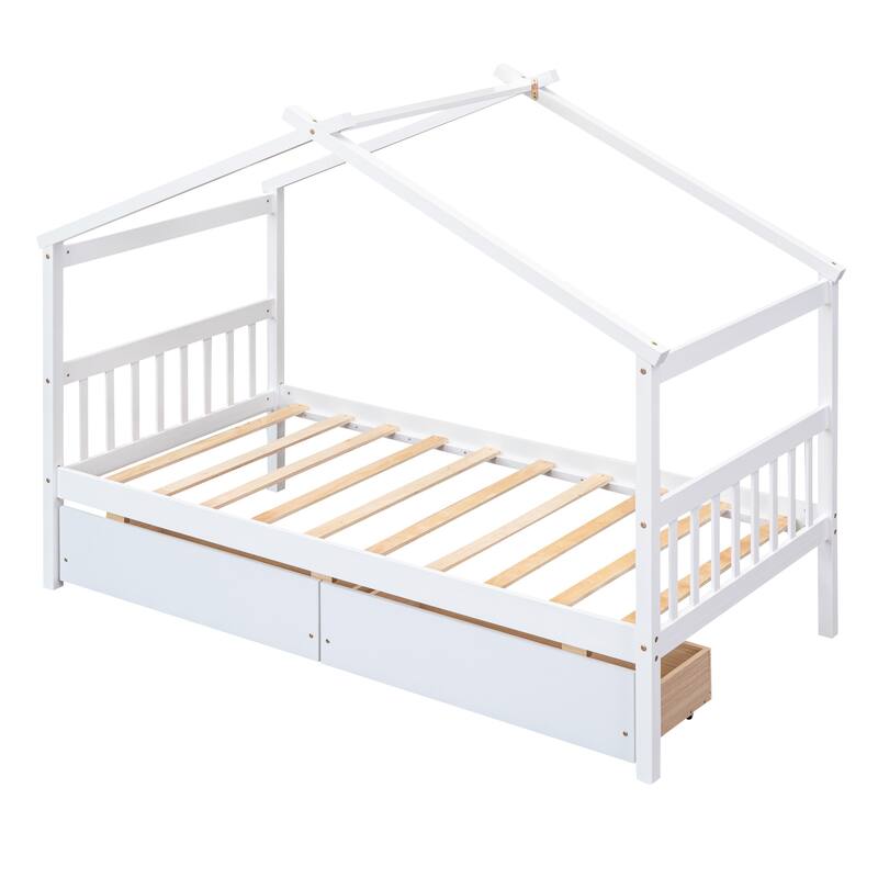 Twin Size Wooden House Bed with Drawers, Kids House-Shaped Daybed with Roof and Storage, Pinewood Frame, No Box Spring Needed