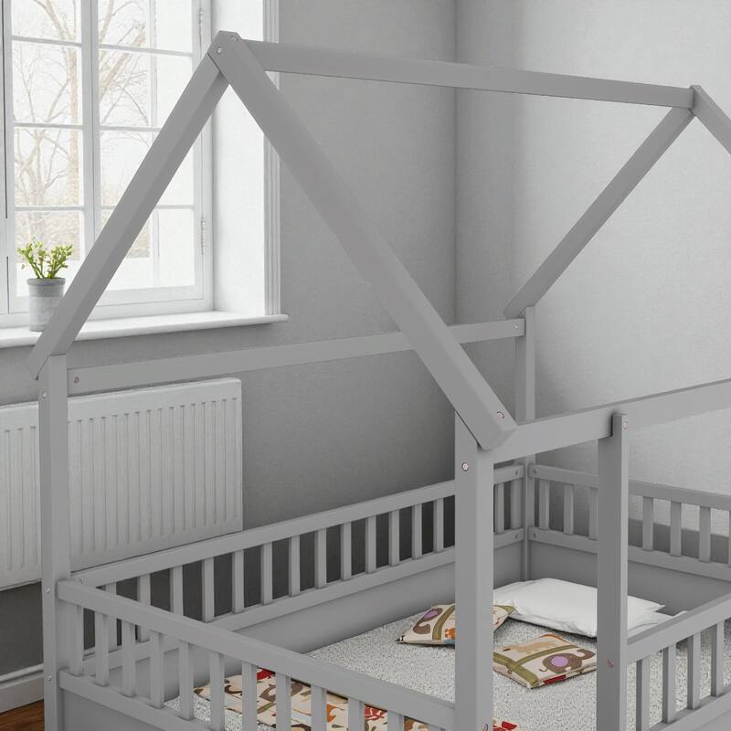 Twin/Full Wooden House Frame Floor Bed with Fence Guardrails, Montessori Style Kids Bed, Pine Wood Low Profile Design