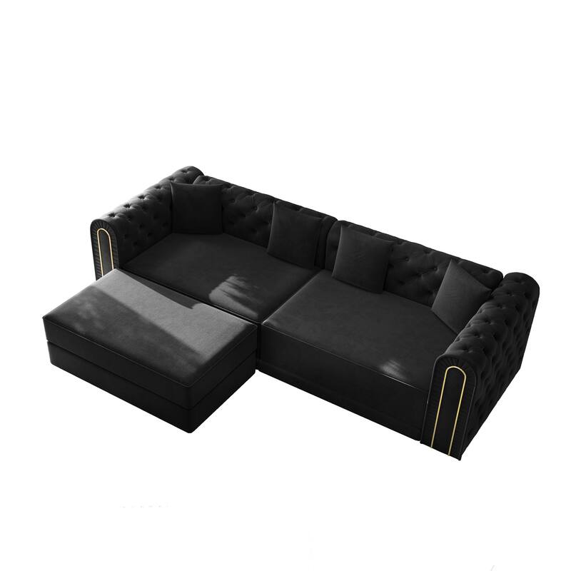 90.6" Velvet Pull Out Sofa Bed, 3-in-1 Convertible Sleeper Sofa with Movable Ottoman, Modern Button Tufted Chesterfield Sofa