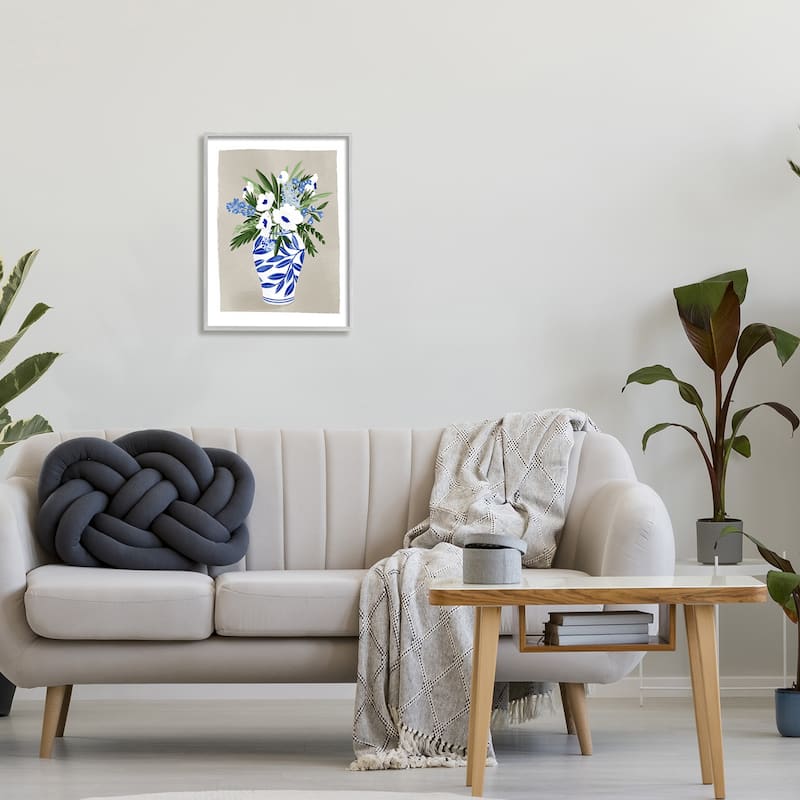Stupell White Poppies Flower Leaves Traditional Chinoiserie Pattern Vase Framed Wall Art,Design by Doodles.Ink. - Blue