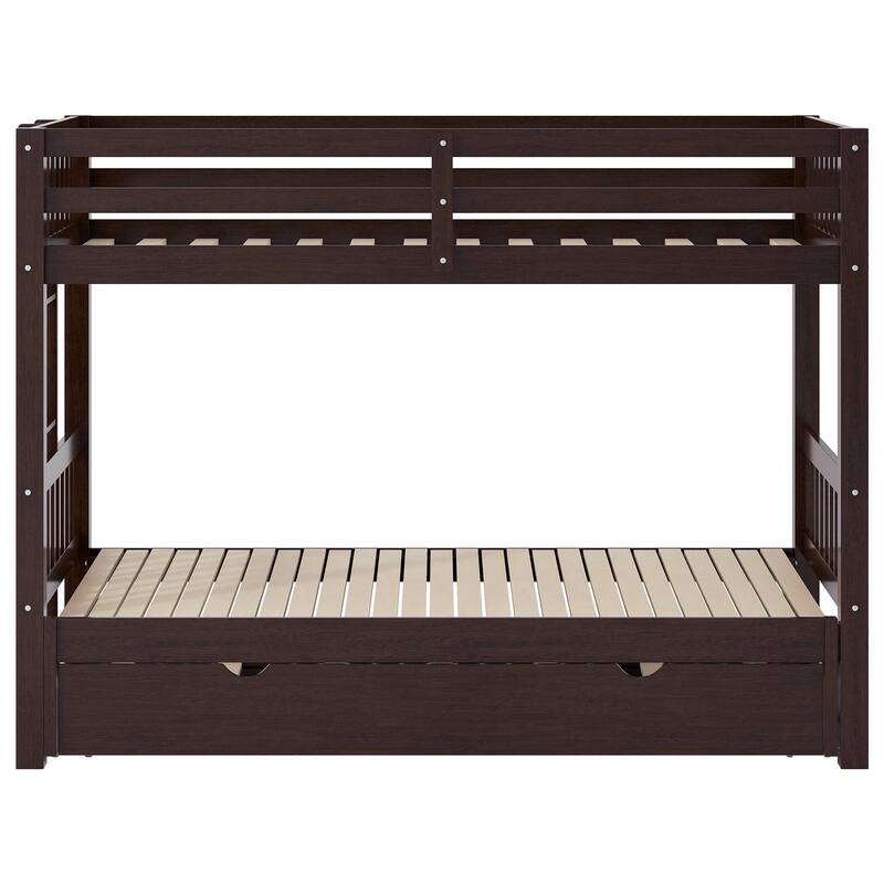Twin Over Pull-Out Bunk Bed with Trundle, Solid Wood Twin Over Twin/Double Twin Bunk Bed with Ladder and Full-Length Guardrail