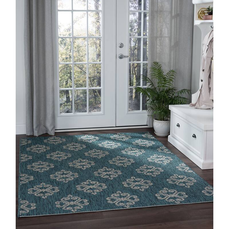 Colonnade Transitional Scroll Indoor/Outdoor Area Rug - 7'10'' x 10'3'' - Teal