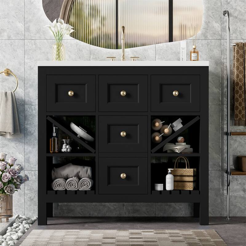 36'' Bathroom Wood Storage Vanity Cabinet with Resin Sink and Drawers