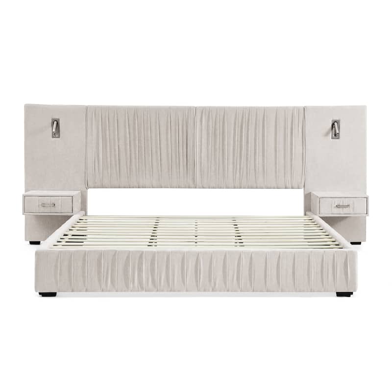 King Size Upholstered Chenille Grounded Bed with Headboard and Solid Frame