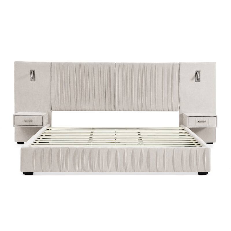 Pleating Upholstered Bed Platform Bed Frame with Enlarged Widened Headboard and Integrated Bedside Table Adjustable Bedside Lamp