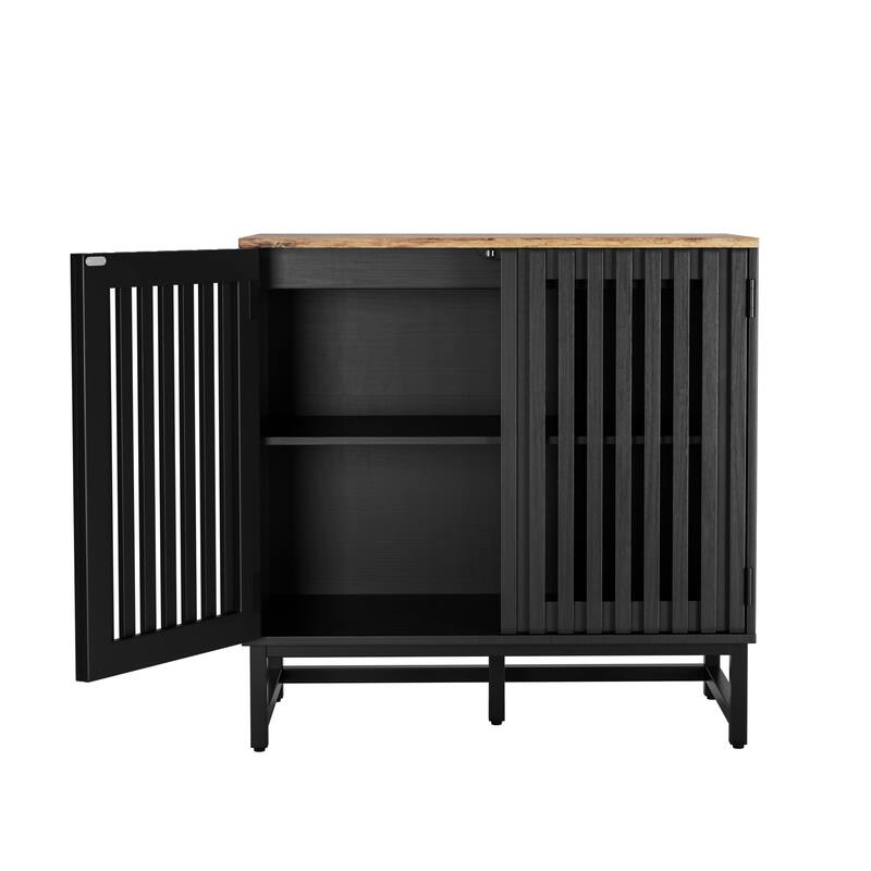 Accent Cabinet with Slatted Grille Striped Doors, Freestanding Wooden Buffet Cabinet, Storage Cabinet with Metal Legs