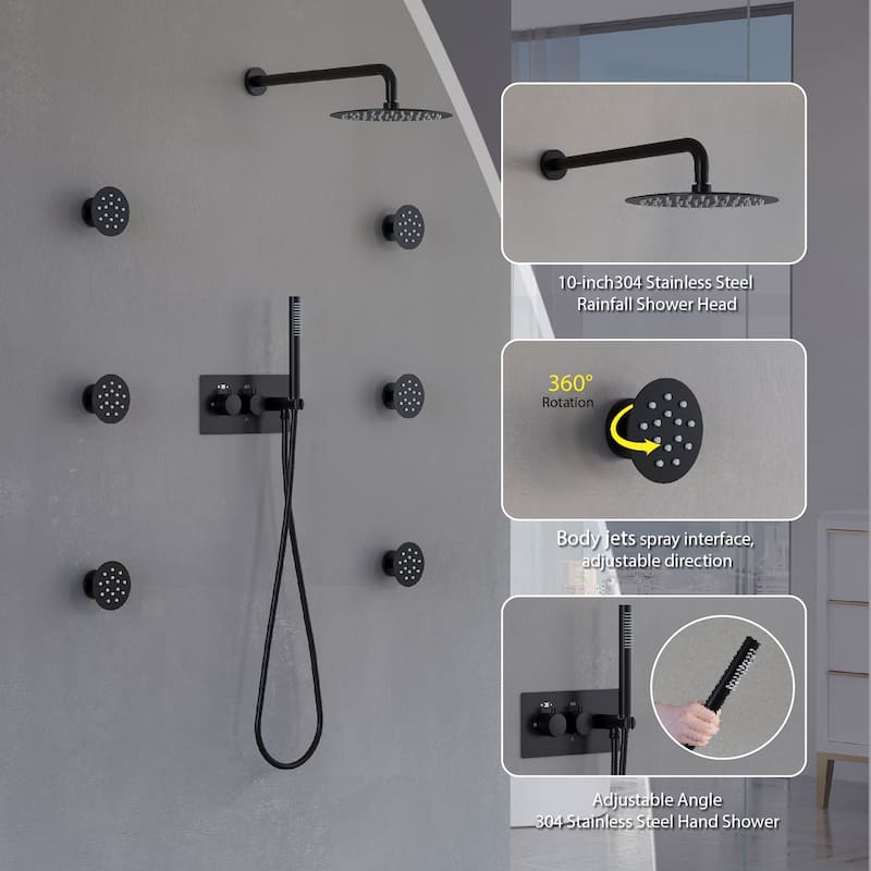 Thermostatic Shower System with 10" Ultra-Thin Round Shower Head,Body Jets And Hand Shower