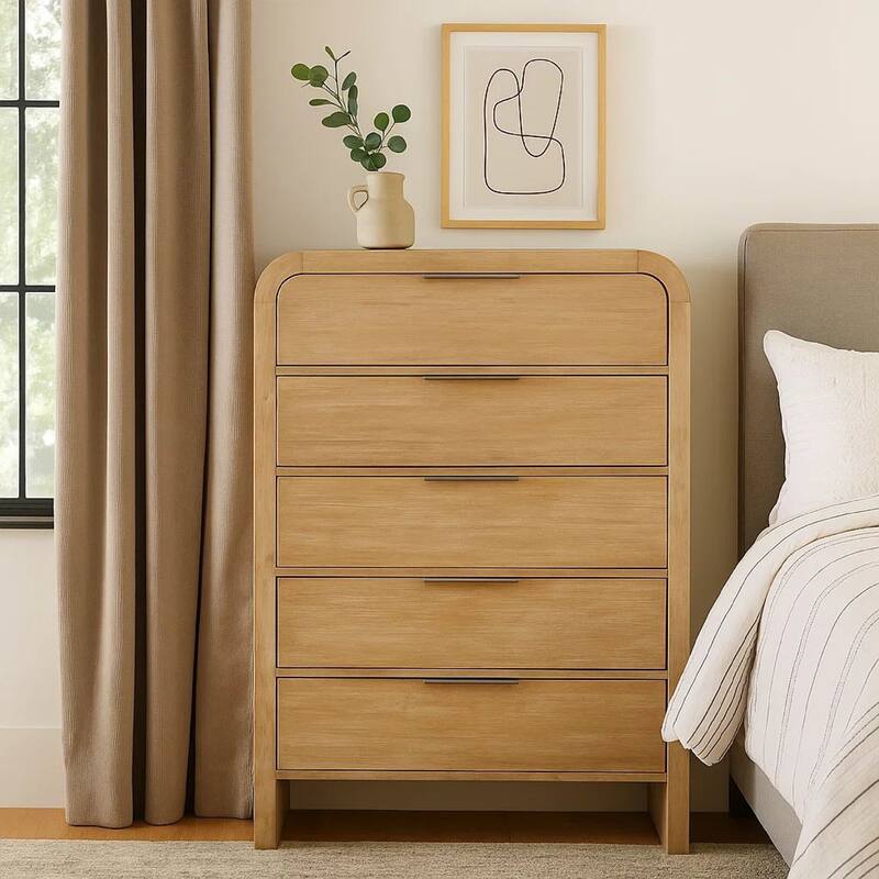 Rexa Tall Dresser Chest, 5 Drawer Finger Pulls, Natural Oak Brown