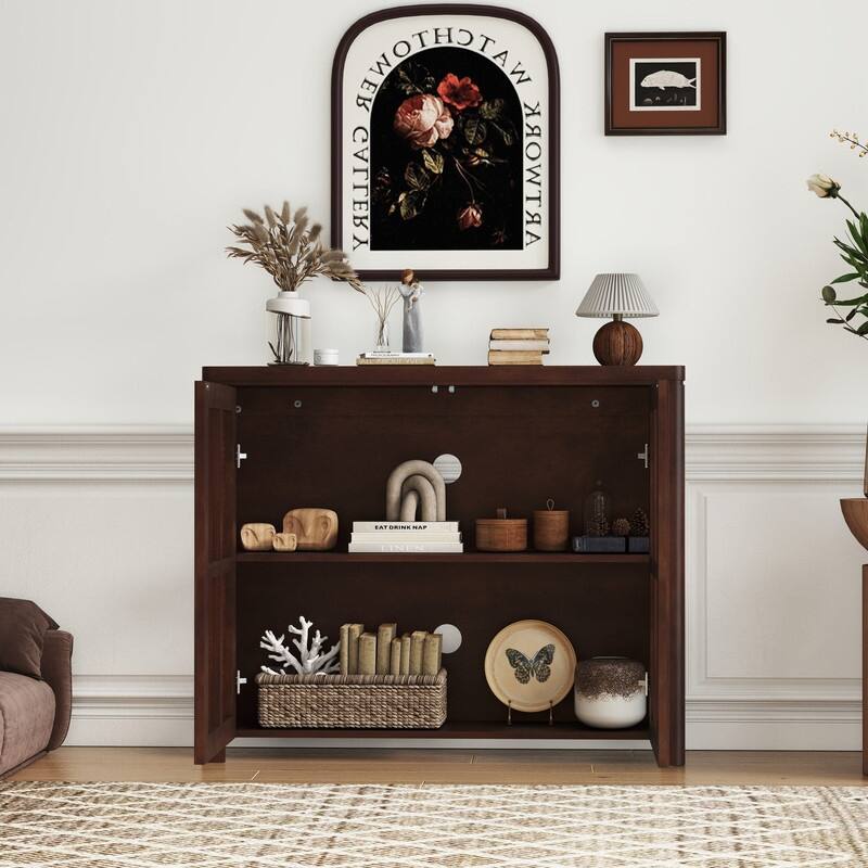 Mid Century Modern 63" Wide 2 - Cane Rattan Door Storage Sideboard, Retro Wine Bar Credenza for Living Room Entryway Kitchen