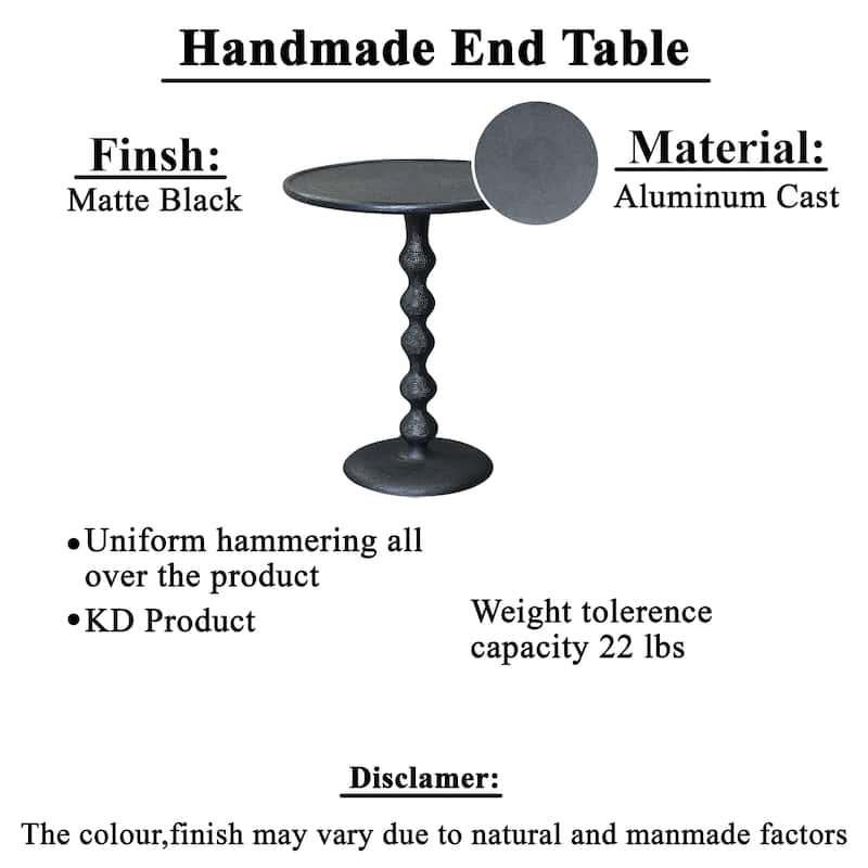 Shae 22 Inch Round Side End Table - Matte Black Aluminum Cast, Hammered Texture, Turned Pedestal Post