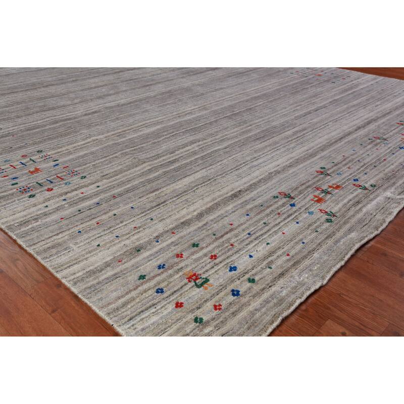Hand Knotted Oriental Viscose Silk Carpet Tribal Stripe Greys & Charcoal Gabbeh Area Rug - 9' 11'' X 7' 10''