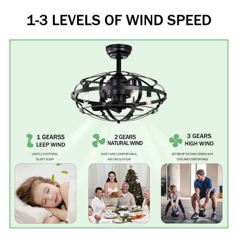 Enclosed Ceiling Fan Light with Reversible Motor and Remote Control, Adjustable 3 Speed Settings for Bedroom and Living Room