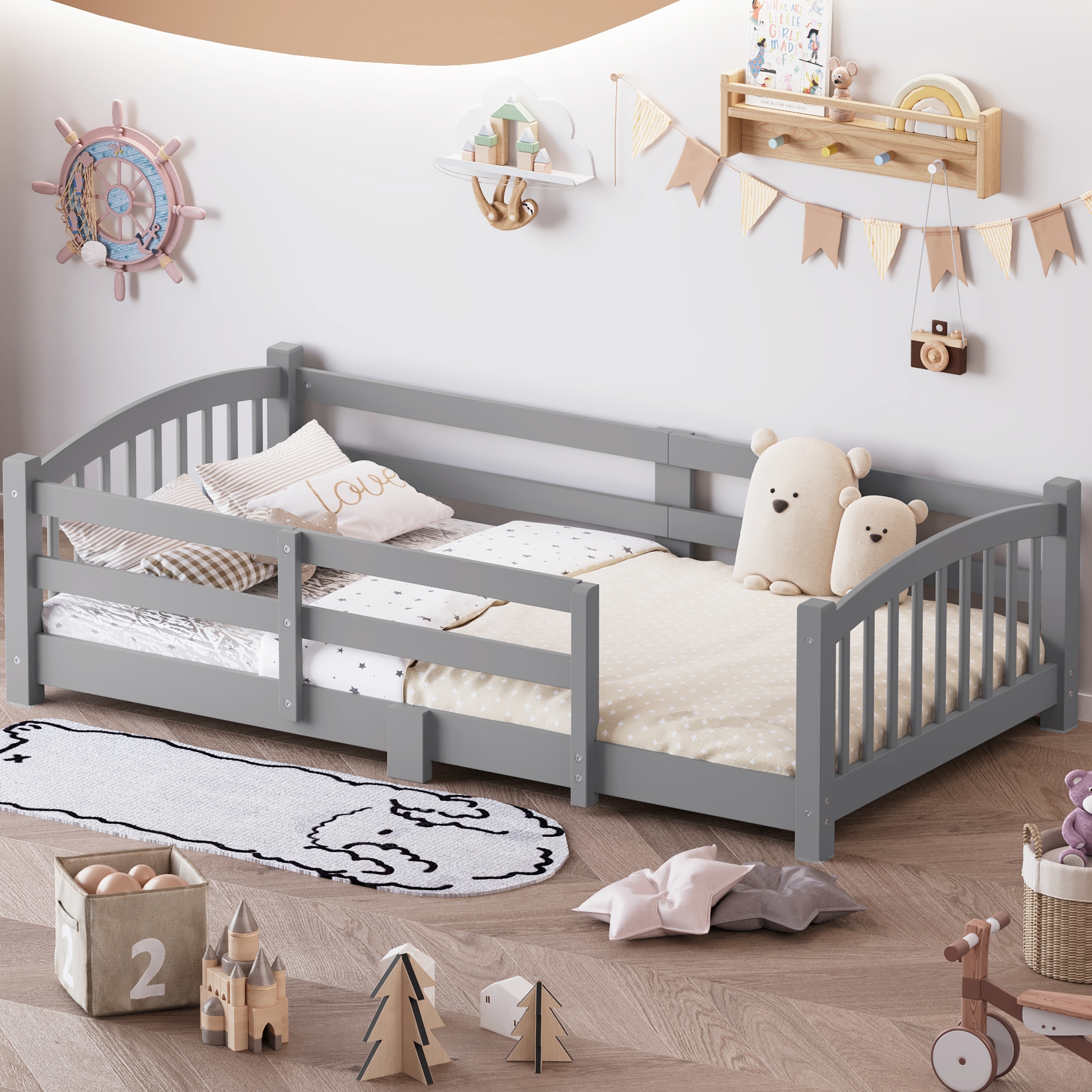 Montessori Floor Bed with Fence - Full/Twin Solid Wood, Slats & Safety Guardrails, Easy Assemble