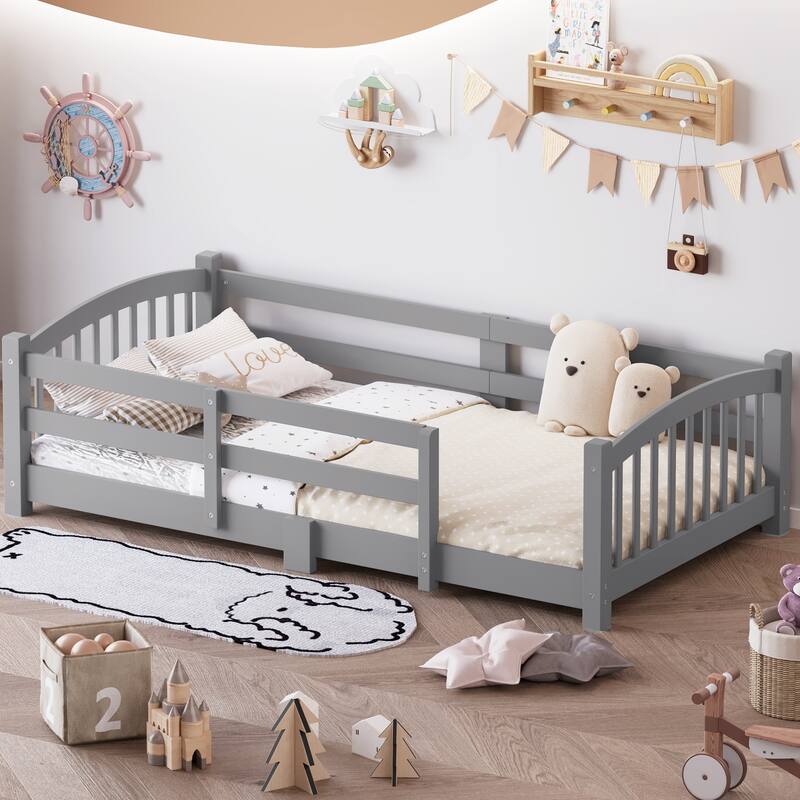 Solid Wood Floor Bed Montessori Bed with Safety Guardrails Without Door