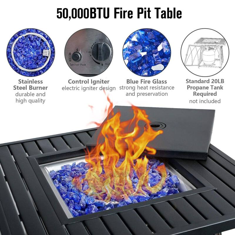 5-Piece Patio Dining Fire Pit Set of 4 Rattan/Metal Deep-Seating Swivel Chairs and 28" 50,000BTU Propane Fire Pits Table - N/A
