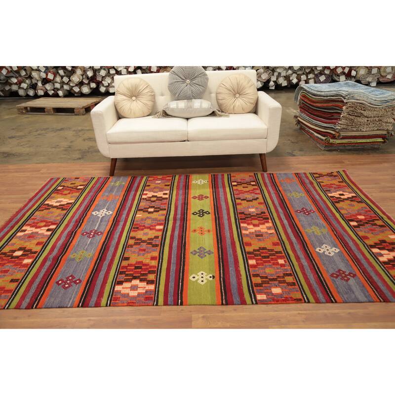 Hand Woven Oriental 100% Wool Carpet Southwestern Tribal Multi-Colored Kilim Area Rug - 8' 11'' X 5' 5''