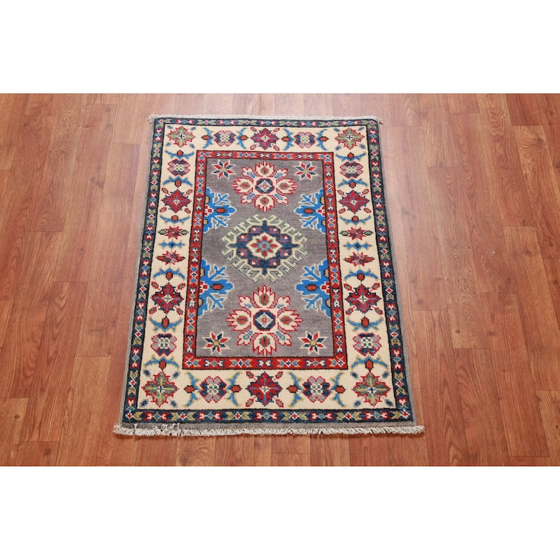 Traditional Gray Kazak Oriental Foyer Rug Hand-Knotted Wool Carpet - 2'0"x 3'0"