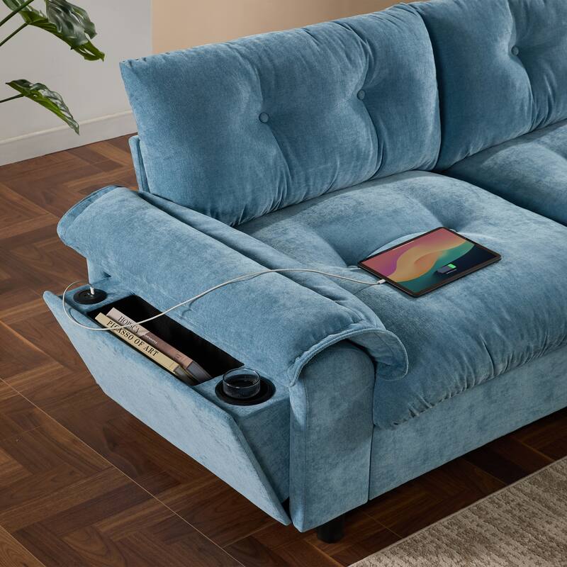 Chenille Tufted L-Shape Sectional Sofa with Storage Ottoman, Pockets and All-in-one Armrest with Dual-Port Charging, Cup Holder