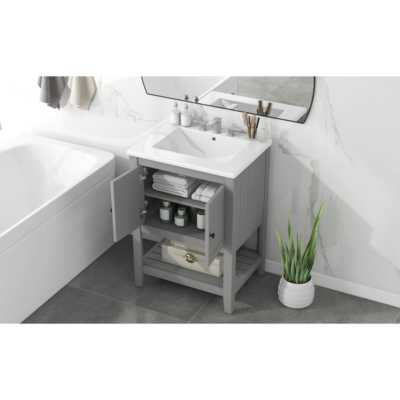 Roomfitters 24" Bathroom Vanity with Ceramic Sink Open Style Shelf Solid Wood Frame Modern Sleek Cabinet