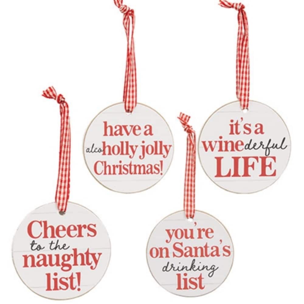 On Santa's Drinking List Round Ornament w/Ribbon - 4 Asstd.