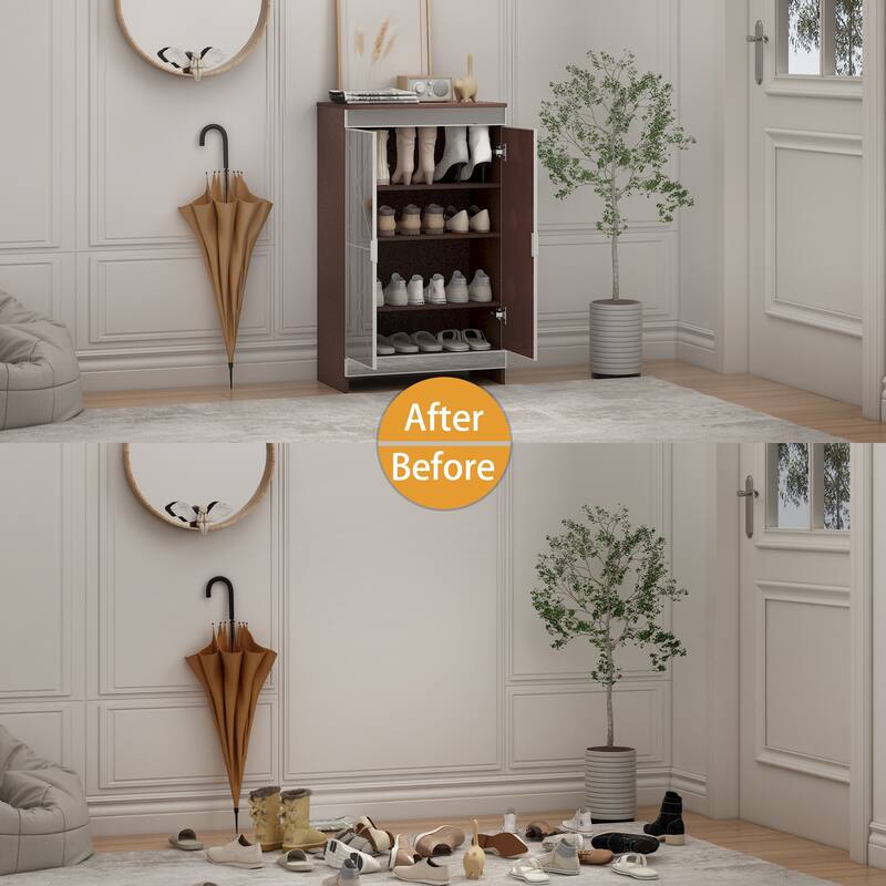 Modern Mirrored Shoe Storage Organizer Cabinet with Frosted Glass and Geometric Carvings for Elegant Storage in Small Spaces