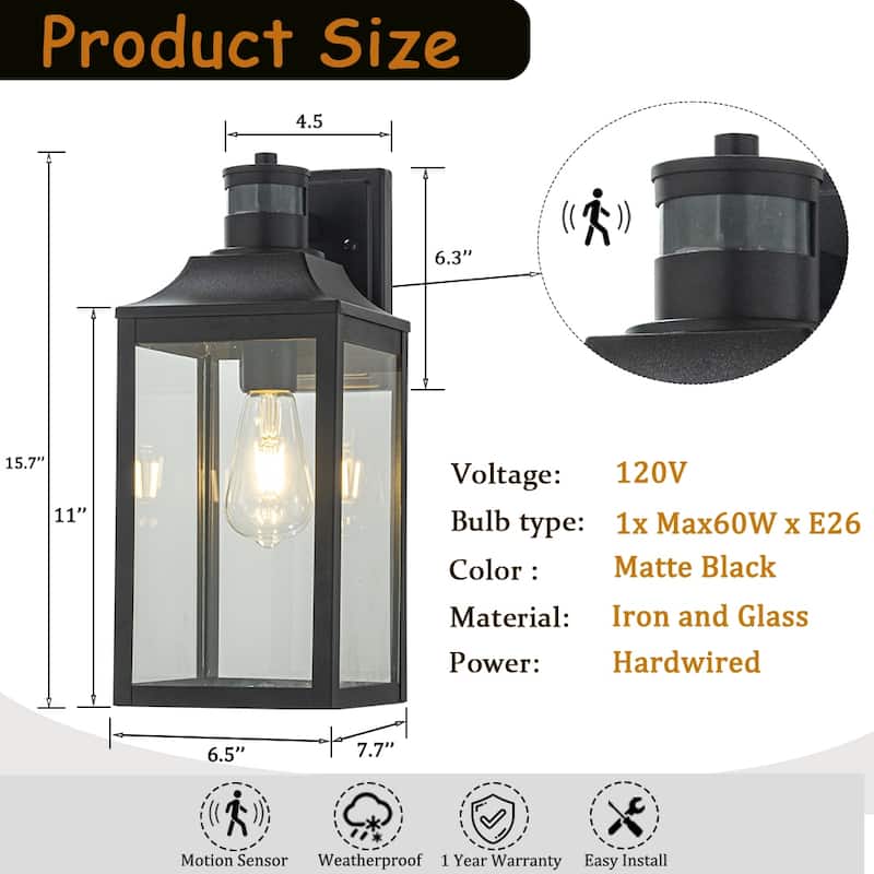 1 Light H16 in. Farmhouse Outdoor Wall Lantern wiht Motion Sensor in Matte Black Modern Exterior Wall Sconce with Clear Glass