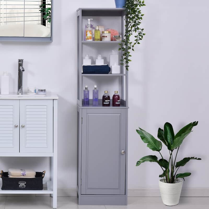 kleankin Freestanding Bathroom Tall Storage Cabinet Organizer Tower with Open Shelves & Compact Design - Grey