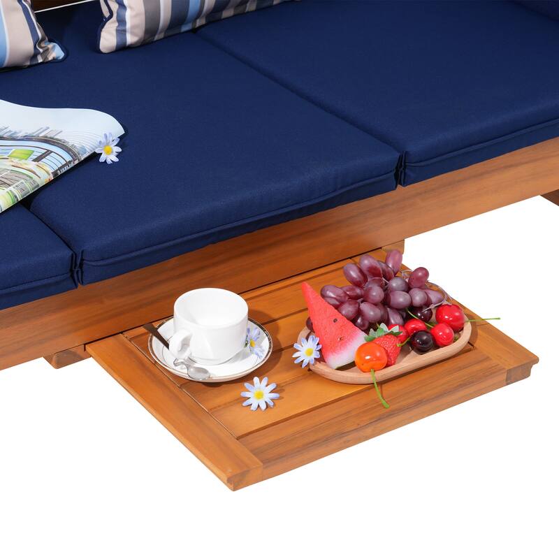 Outdoor Daybed Wooden Folding Lounge Chair with Front Tray and Wheels