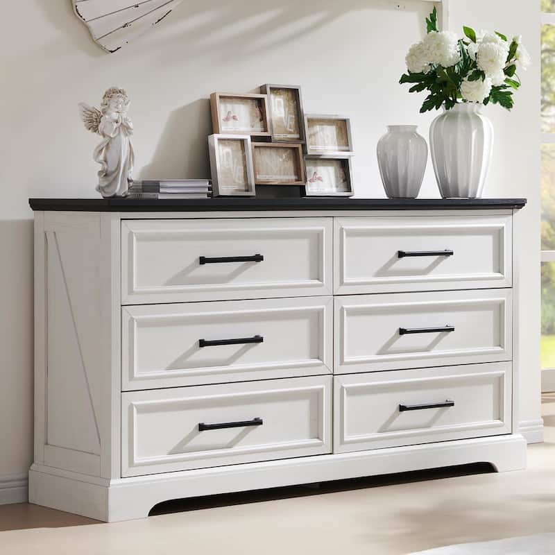 Farmhouse 6 Drawer Dresser for Bedroom, Chest of Drawers, TV Stand - White