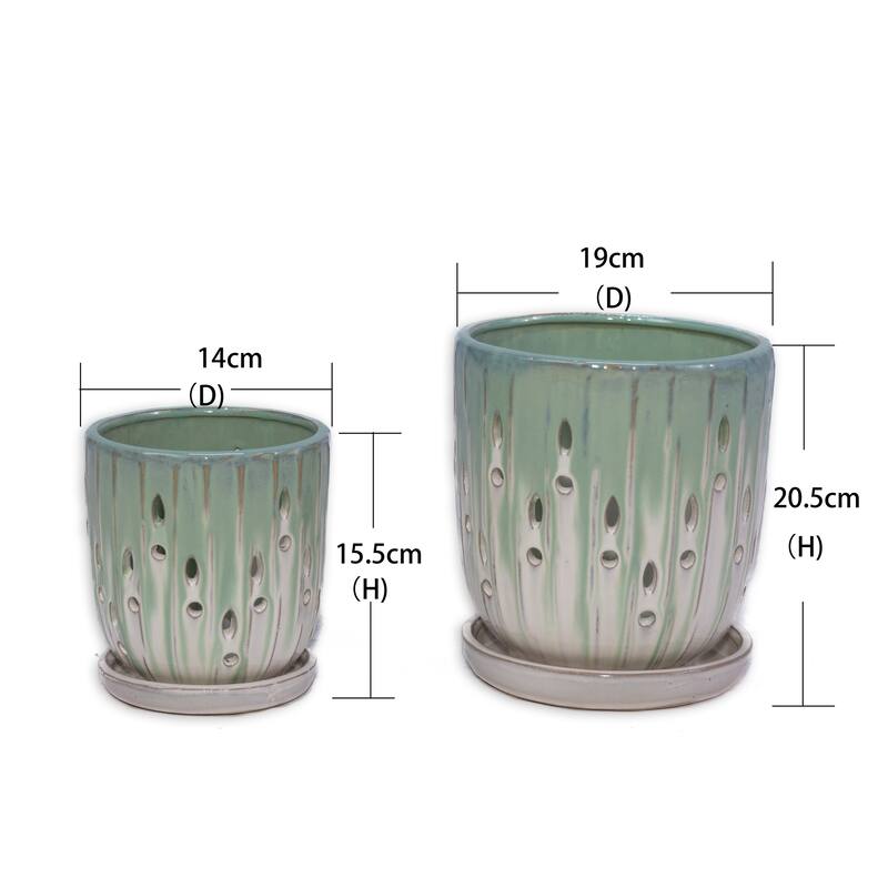 Sage & White Ceramic Planter Set of 2 - 7.5" Square Modern Plant Pots with Drainage Holes