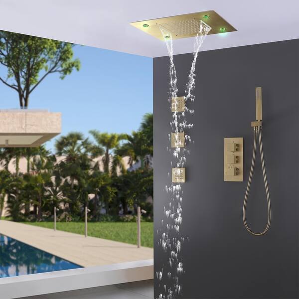 slide 2 of 41, LED 4-Way Complete Rain and Waterfall Shower System with 3 body Jets and High-pressure Handheld, Ceiling Mounted