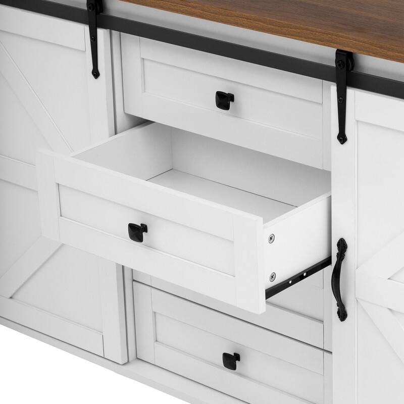 Farmhouse 55.1" Sideboard with Sliding Barn Doors and Storage Drawers, Wood Buffet Table with Power Outlet