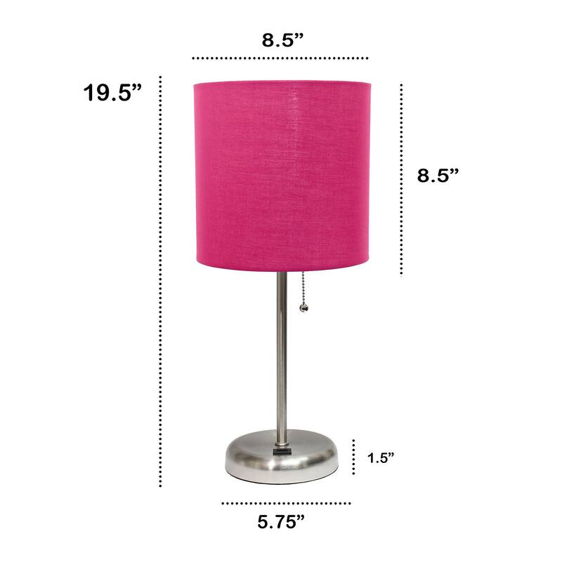 Creekwood Home Oslo 19.5" Bedside Usb Port Feature Standard Desk Lamp - Brushed Steel/Pink Shade - 9x9x15
