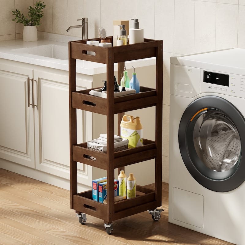 4-Tier Solid Wood Storage Cart, Narrow Kitchen Rolling Carts on Wheels