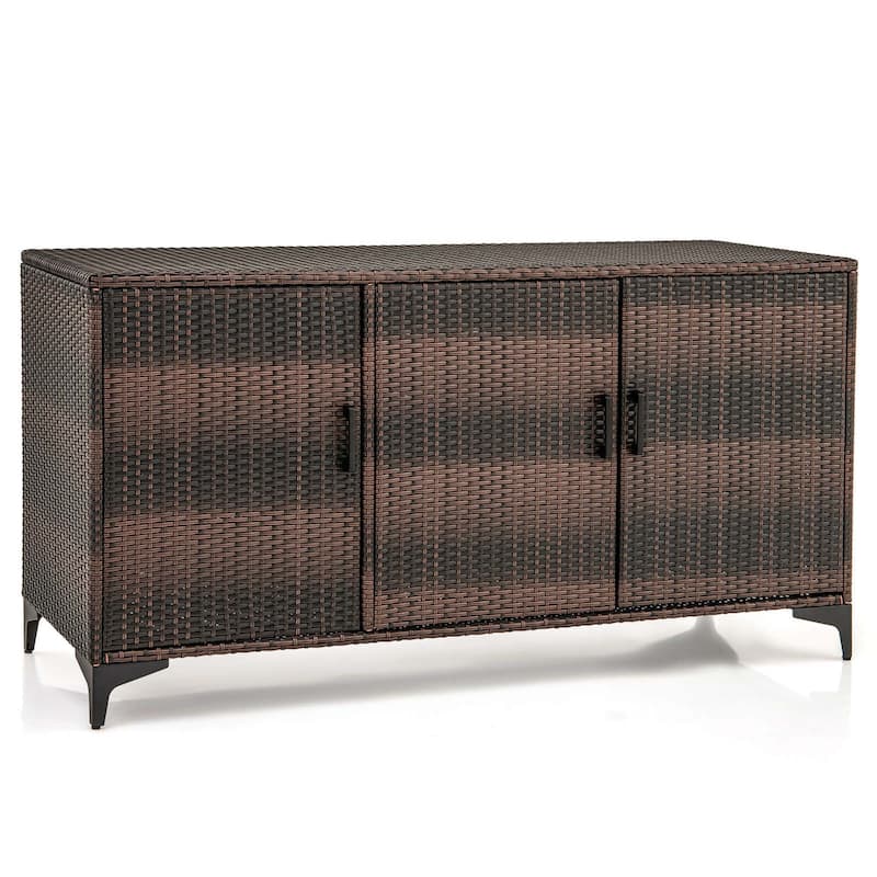Costway 84 Gallon 3-Door Patio Wicker Storage Cabinet Deck Box with - See Details - Mix Brown