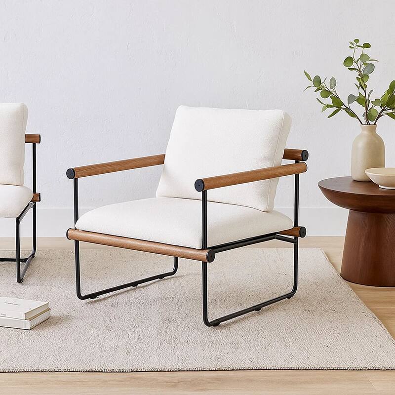 Accent Armchair, Brown Solid Wood Armrests, 31 Inch, Cream Fabric Seat