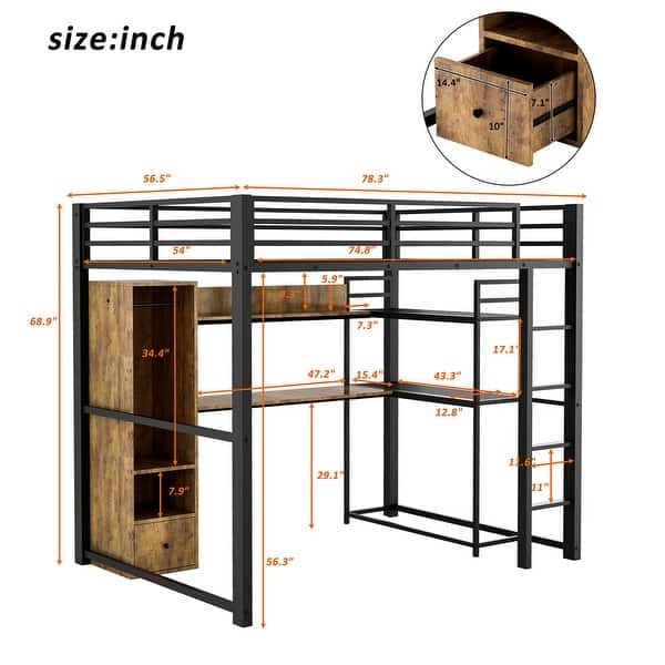 Full Size Metal Loft Bed with Built-in Wardrobe,Drawer,Desk & Shelves