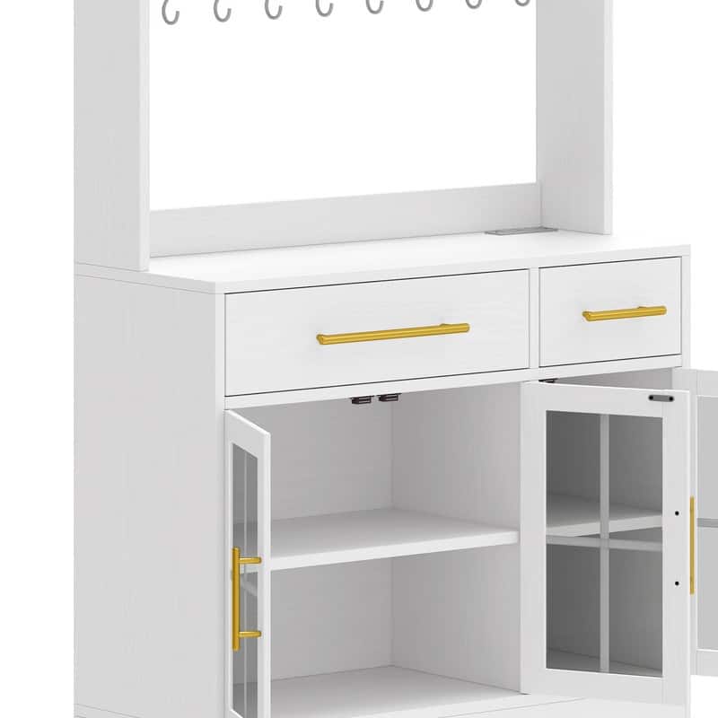 71" Tall Kitchen Pantry Hutch Storage Cabinet with Power Outlet,Freestanding Cupboard Storage Buffet with Drawers & Glass Doors