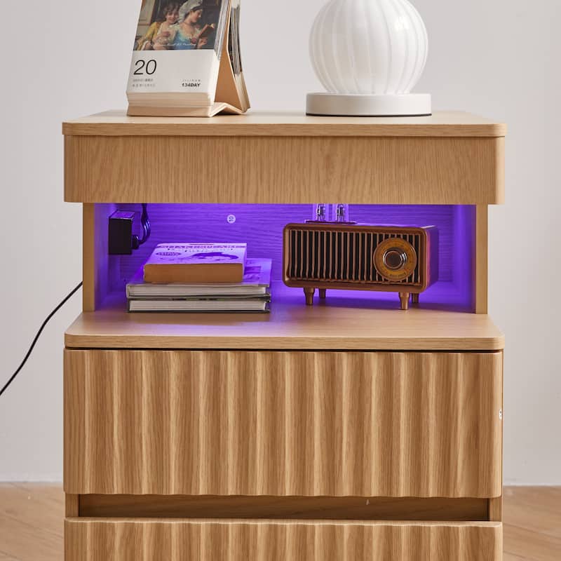 Modern Bedside Table with Gun Drawer,Bedside Table with Charging Station, 2 Drawers and Open Shelf,Side Table for Bedroom