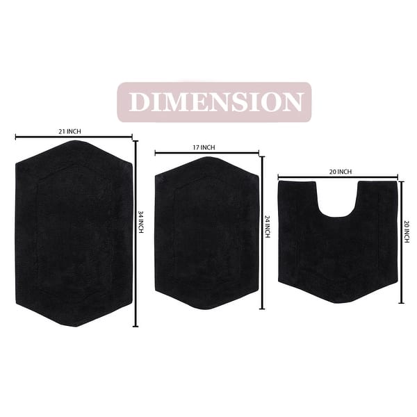 dimension image slide 7 of 19, Waterford Collection 100% Cotton Non-Slip Bathroom Rug Set, 3 Piece Machine Washable- Bathroom Rug, Bath Rug, U Shaped Contour