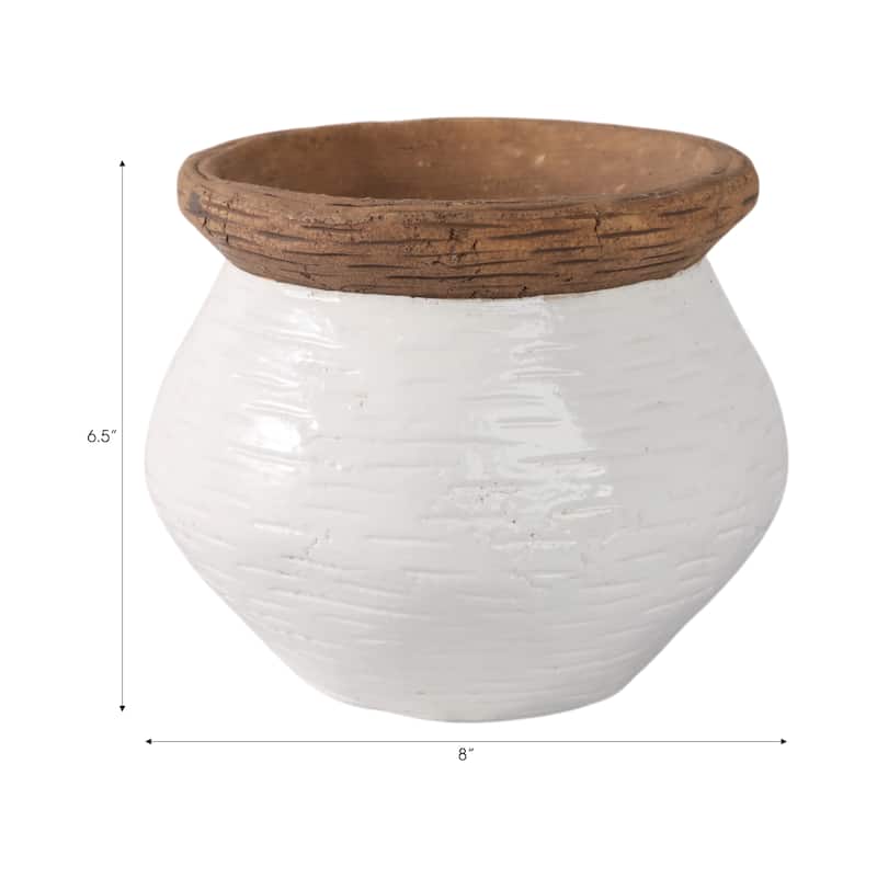 Pottery Planter Textured Design Indoor Outdoor Use - 7" White, Tan - 8" x 8" x 6.5"