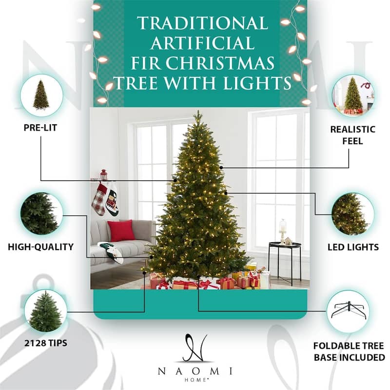 Traditional Artificial Christmas Tree with Lights, Prelit Christmas Tree, Pine Fir Christmas Tree with LED Lights
