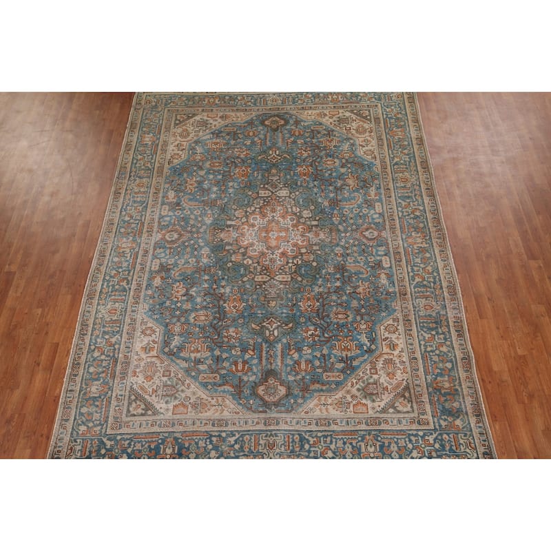 Blue Distressed Tabriz Vintage Persian Rug Hand-Knotted Wool Carpet - 8'1" x 11'2"