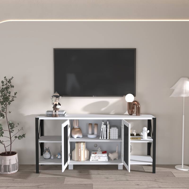 Industrial TV Stand for Living Room, Farmhouse TV Stand 80 Inch Television Stand, Horizontal Wood and Metal Open Bookshelf