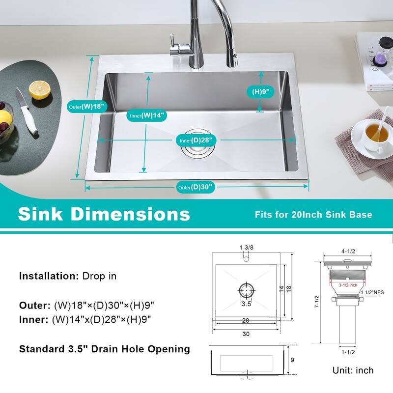 Drop in Kitchen Sink,Stainless Steel Handmade Single Bowl Kitchen Sink