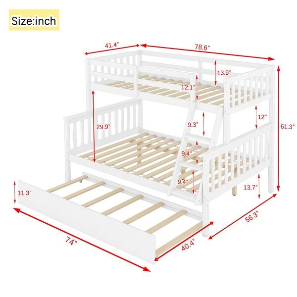dimension image slide 2 of 3, Bunk Bed with Trundle, Convertible Ladder and Guardrail